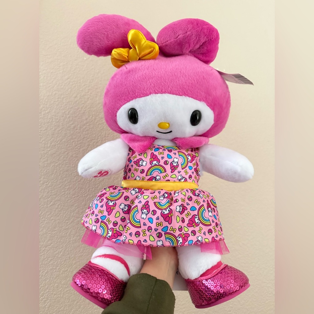 Build a bear Melody Pink and White Plush Toy with Rainbow Dress